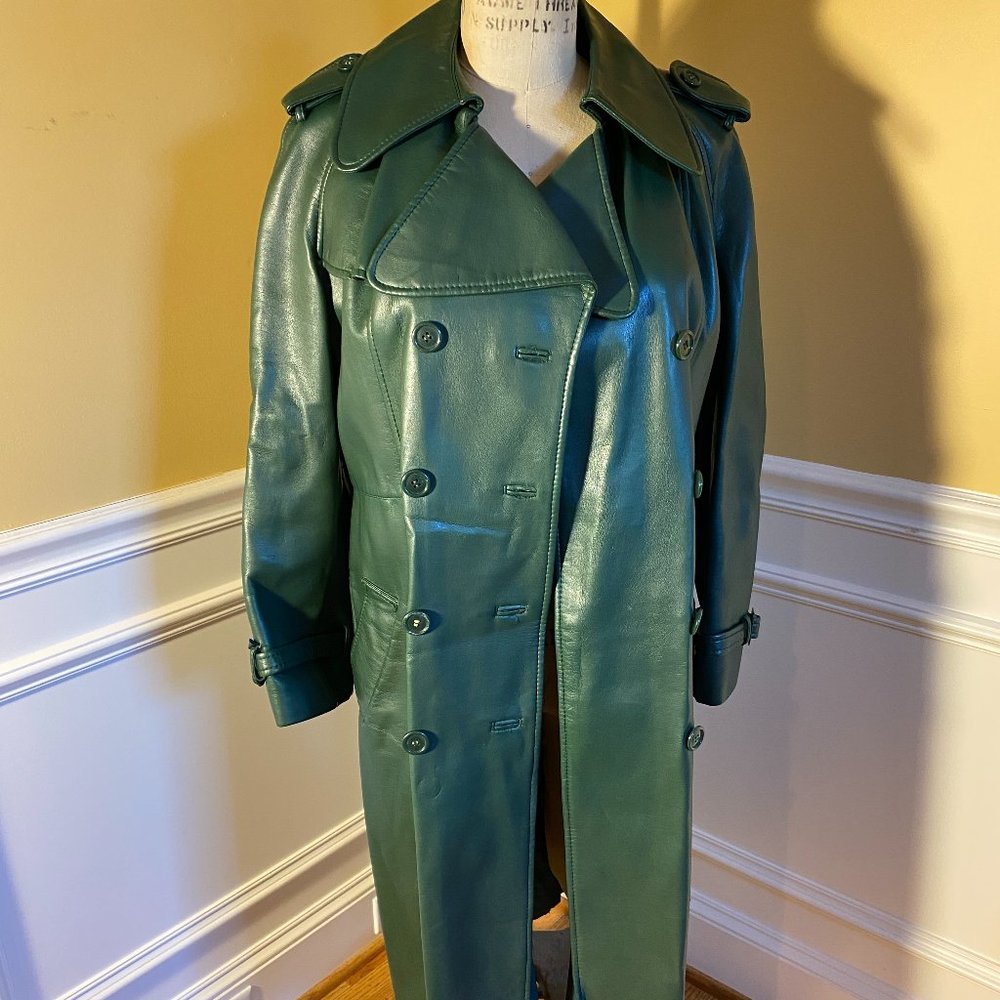 Green Faux Leather Double Breasted Trench Coat